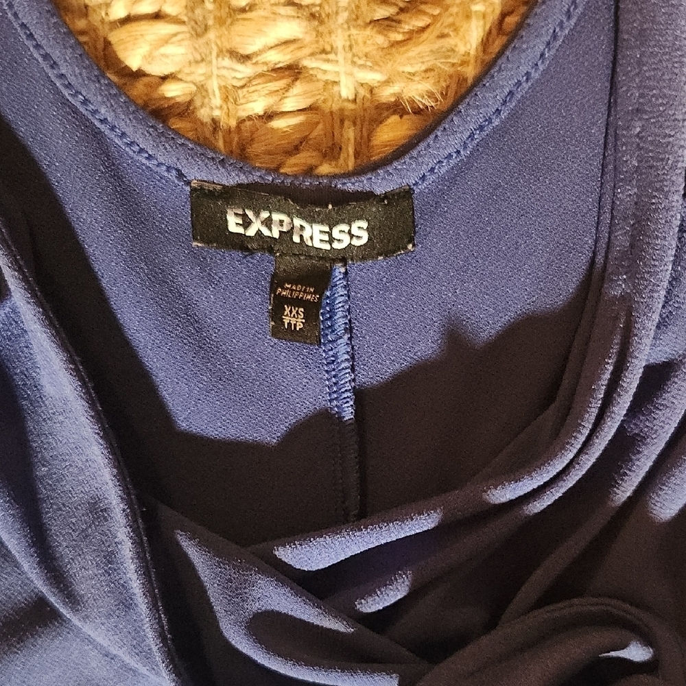 Express Flirty Flowy Blue Asymmetrical Wrap Dress - Picture 2 of 4